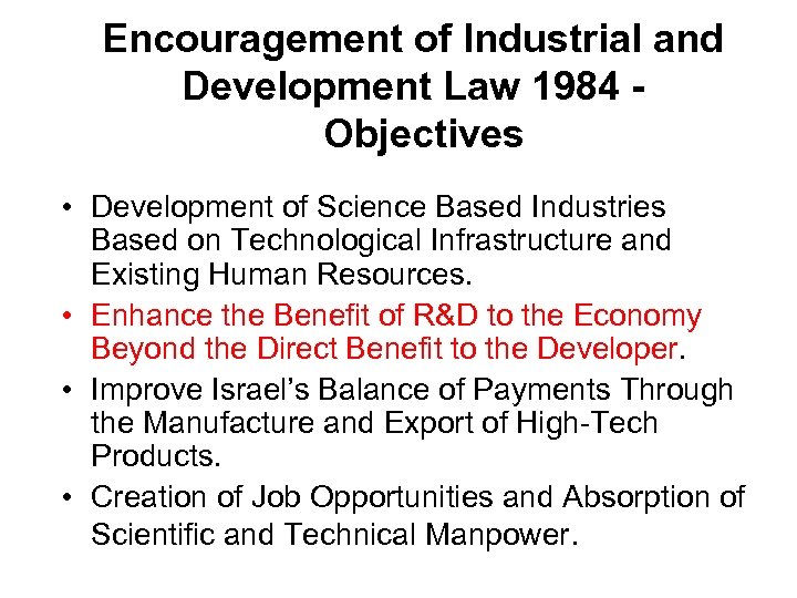 Encouragement of Industrial and Development Law 1984 Objectives • Development of Science Based Industries