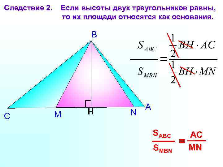 Следствие 2. Если высоты двух треугольников равны, то их площади относятся как основания. В
