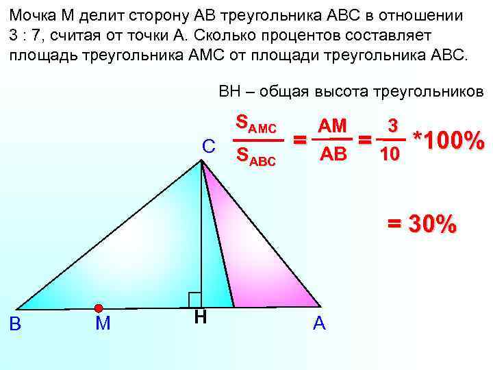 Мочка М делит сторону АВ треугольника АВС в отношении 3 : 7, считая от