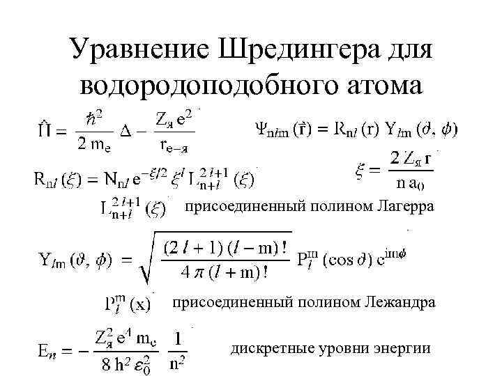 Уравнение Шредингера для водородоподобного атома присоединенный полином Лагерра присоединенный полином Лежандра дискретные уровни энергии