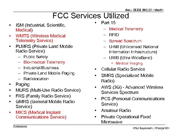 doc. : IEEE 802. 15 -<doc#> FCC Services Utilized • • ISM (Industrial, Scientific,