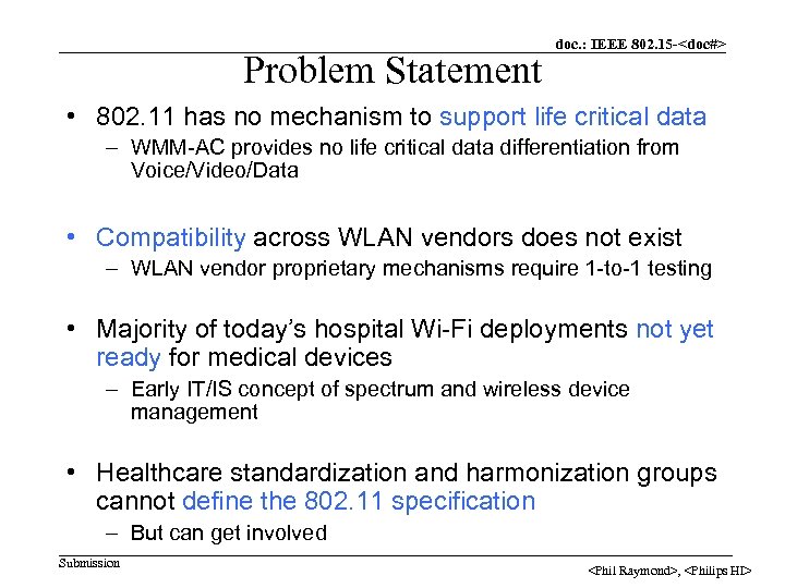 Problem Statement doc. : IEEE 802. 15 -<doc#> • 802. 11 has no mechanism