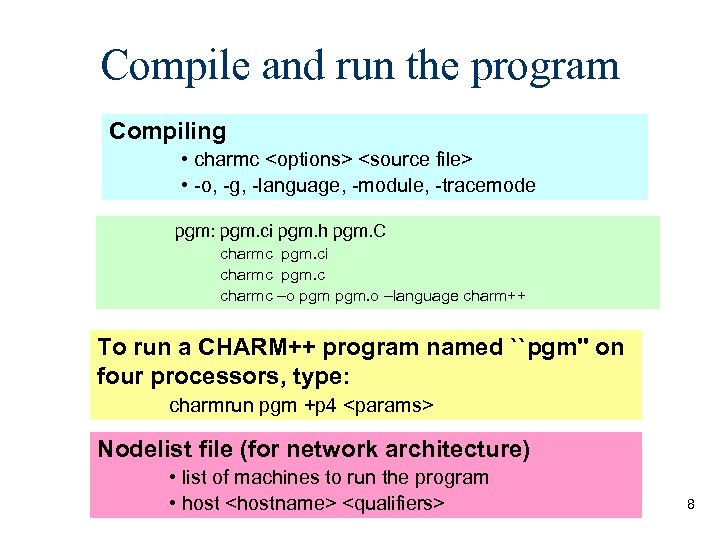 Compile and run the program Compiling • charmc <options> <source file> • -o, -g,