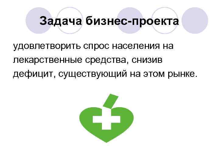 Задача бизнес-проекта удовлетворить спрос населения на лекарственные средства, снизив дефицит, существующий на этом рынке.