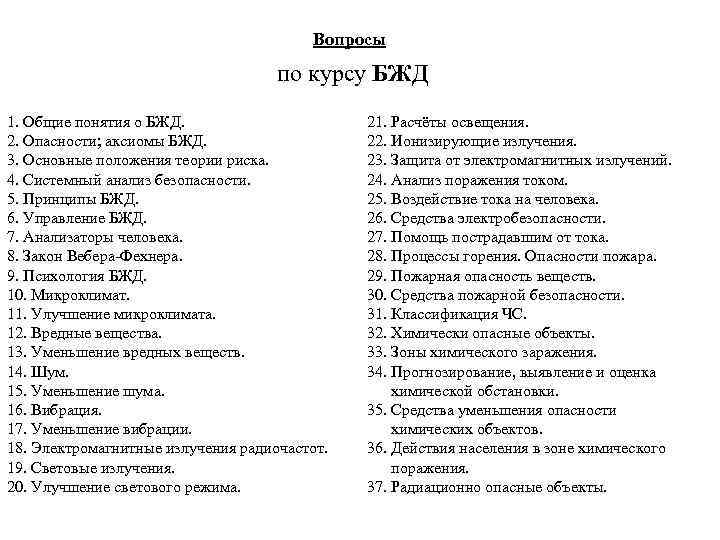 Вопросы по курсу БЖД 1. Общие понятия о БЖД. 2. Опасности; аксиомы БЖД. 3.