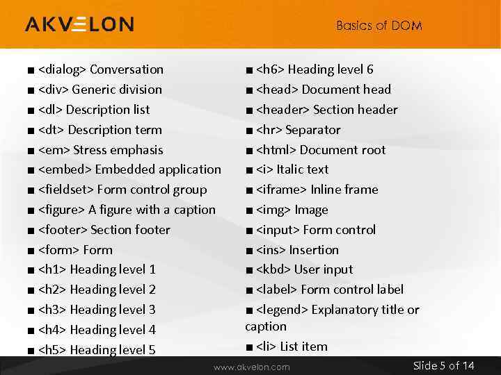 Basics of DOM ■ <dialog> Conversation ■ <div> Generic division ■ <dl> Description list