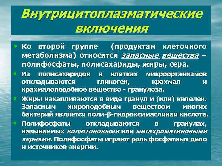Внутрицитоплазматические включения • Ко второй группе (продуктам клеточного метаболизма) относятся запасные вещества – полифосфаты,