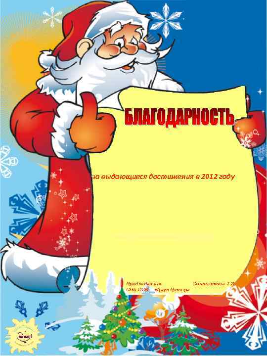 за выдающиеся достижения в 2012 году Председатель Солнышкова Т. З. СПб ООИ «Даун Центр»