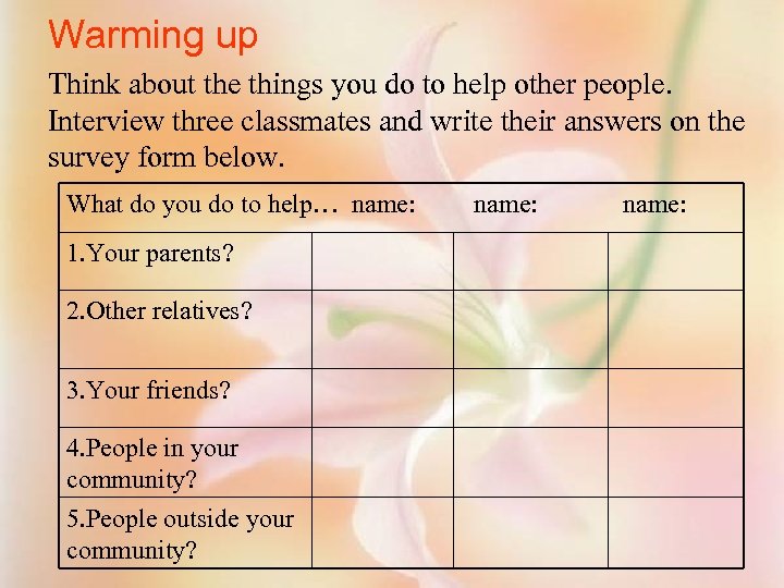 Warming up Think about the things you do to help other people. Interview three