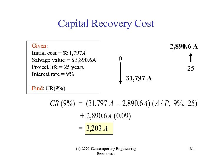 Capital Recovery Cost Given: Initial cost = $31, 797 A Salvage value = $2,