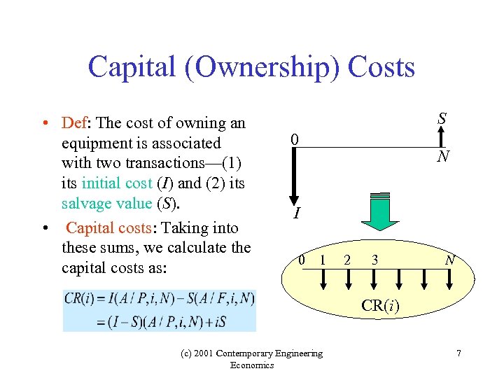 Capital (Ownership) Costs • Def: The cost of owning an equipment is associated with