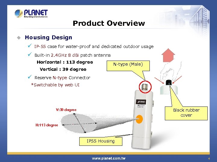 Product Overview u Housing Design ü IP-55 case for water-proof and dedicated outdoor usage