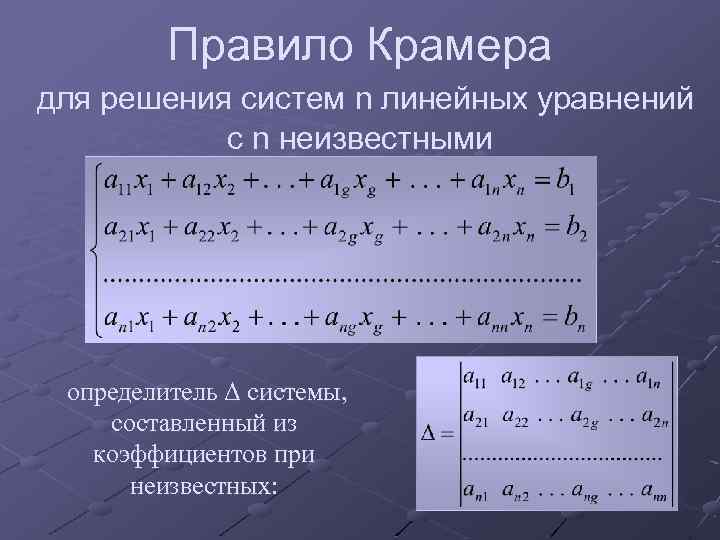 Правило Крамера для решения систем n линейных уравнений с n неизвестными определитель Δ системы,