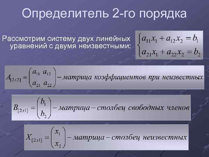 Определитель 2 -го порядка Рассмотрим систему двух линейных уравнений с двумя неизвестными: 