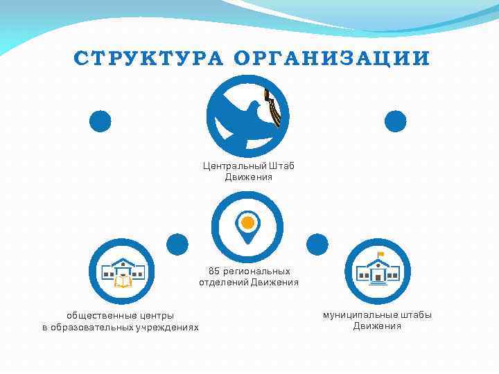 СТРУКТУРА ОРГАНИЗАЦИИ Центральный Штаб Движения 85 региональных отделений Движения общественные центры в образовательных учреждениях