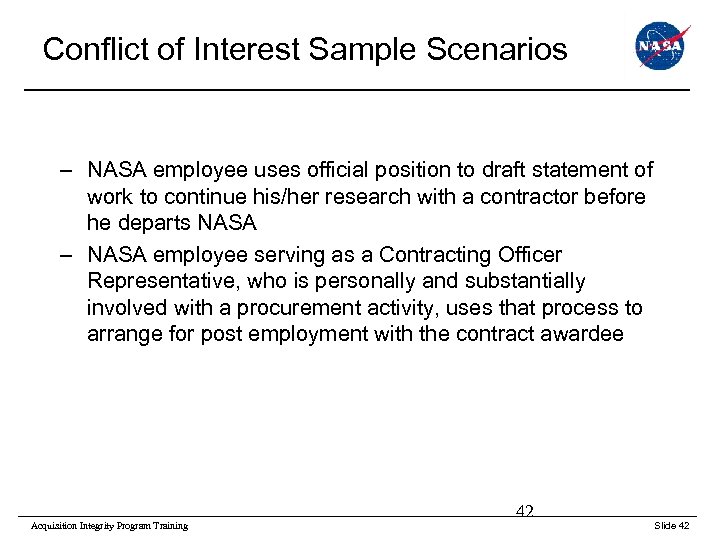 Conflict of Interest Sample Scenarios – NASA employee uses official position to draft statement