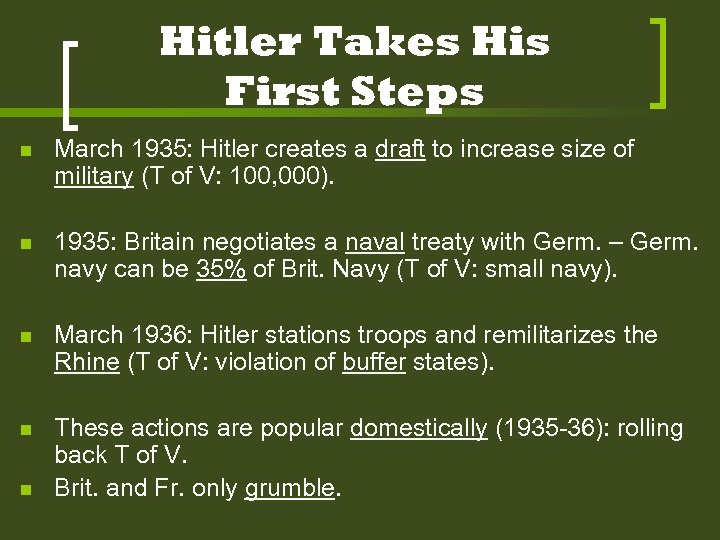 Hitler Takes His First Steps n March 1935: Hitler creates a draft to increase