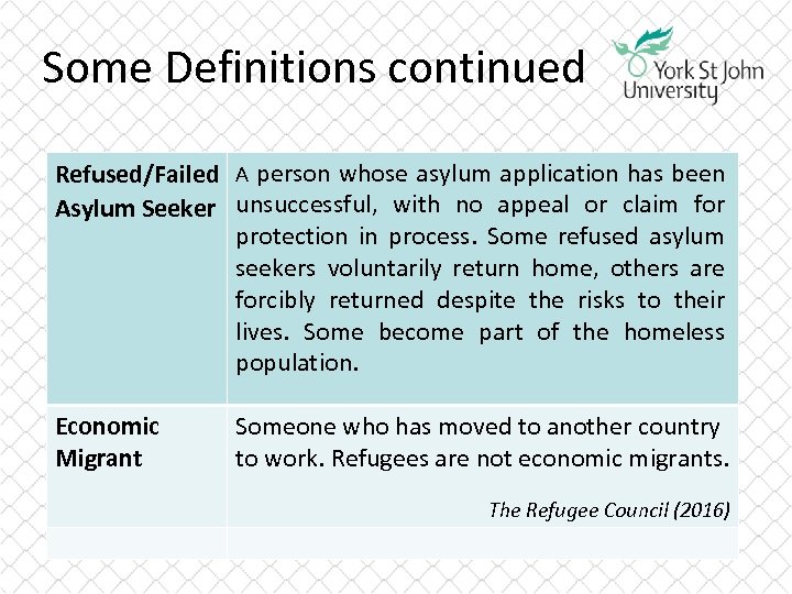 Some Definitions continued Refused/Failed A person whose asylum application has been Asylum Seeker unsuccessful,