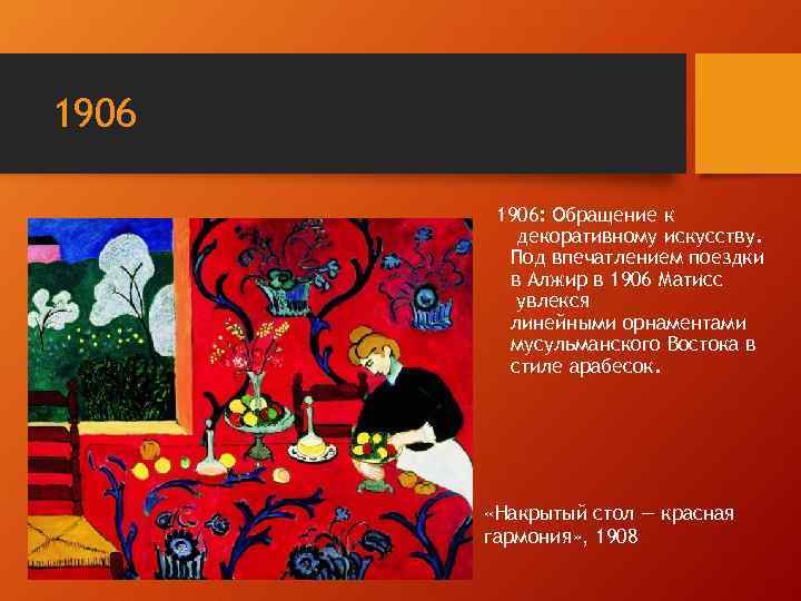 1906: Обращение к декоративному искусству. Под впечатлением поездки в Алжир в 1906 Матисс увлекся