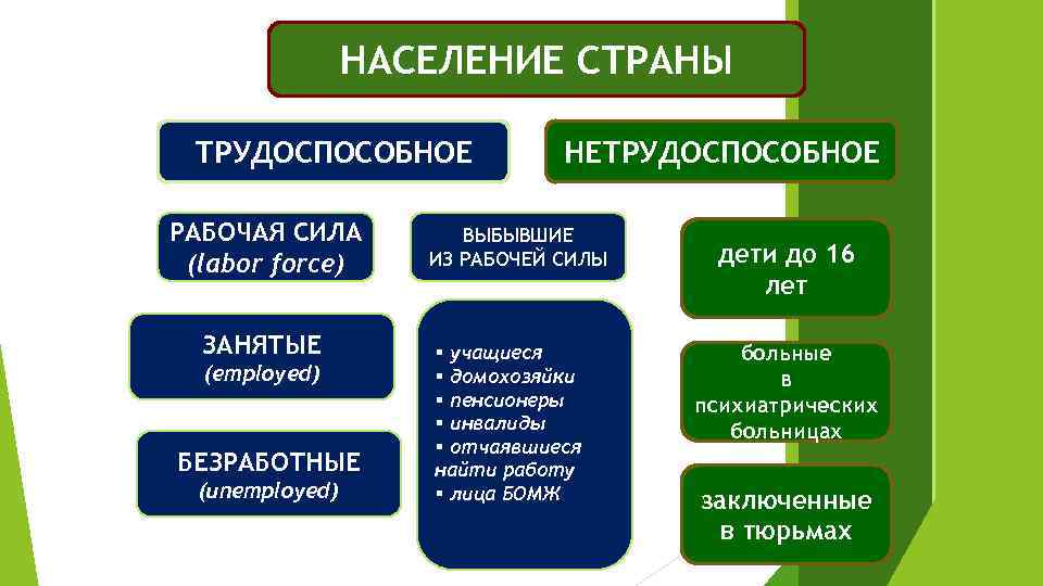 НАСЕЛЕНИЕ СТРАНЫ ТРУДОСПОСОБНОЕ РАБОЧАЯ СИЛА (labor force) ЗАНЯТЫЕ (employed) БЕЗРАБОТНЫЕ (unemployed) НЕТРУДОСПОСОБНОЕ ВЫБЫВШИЕ ИЗ