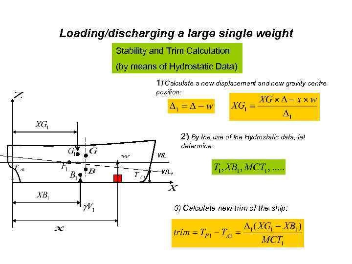 Loading/discharging a large single weight Stability and Trim Calculation (by means of Hydrostatic Data)