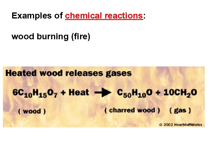 Examples of chemical reactions: wood burning (fire) 