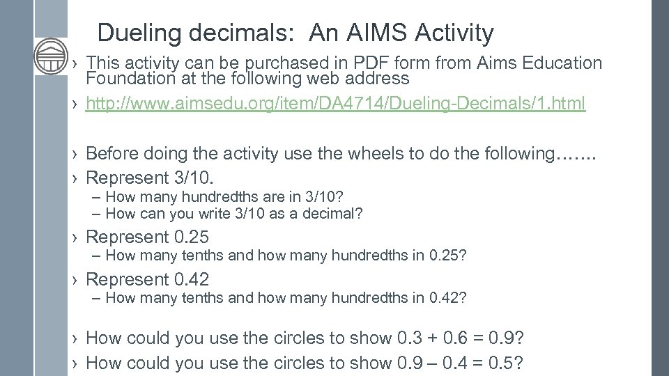Dueling decimals: An AIMS Activity › This activity can be purchased in PDF form
