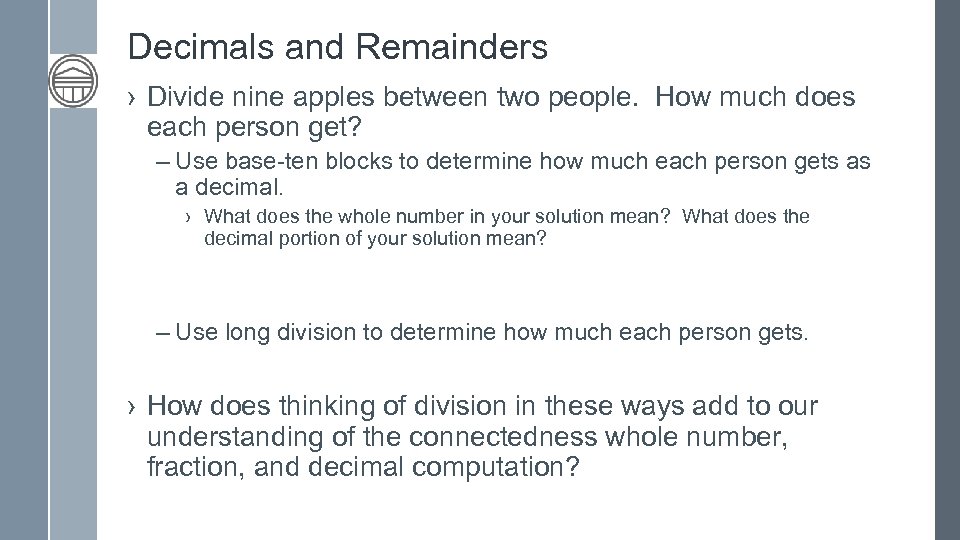 Decimals and Remainders › Divide nine apples between two people. How much does each