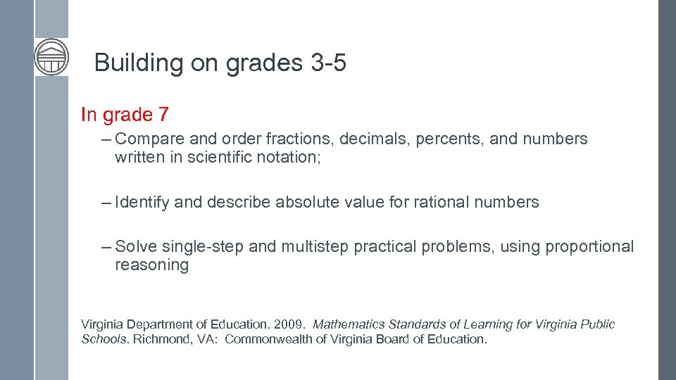 Building on grades 3 -5 In grade 7 – Compare and order fractions, decimals,