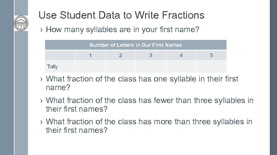 Use Student Data to Write Fractions › How many syllables are in your first