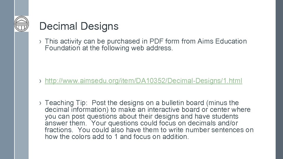 Decimal Designs › This activity can be purchased in PDF form from Aims Education