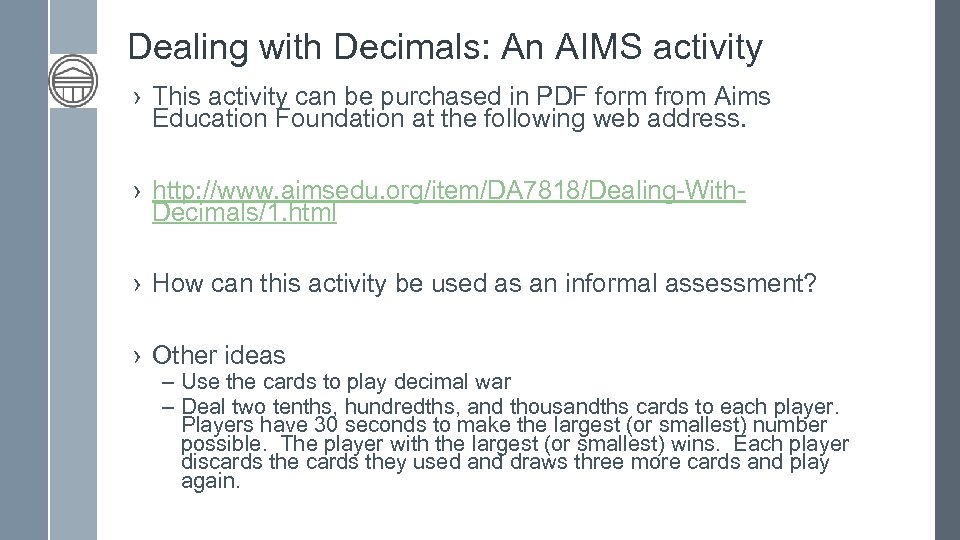 Dealing with Decimals: An AIMS activity › This activity can be purchased in PDF