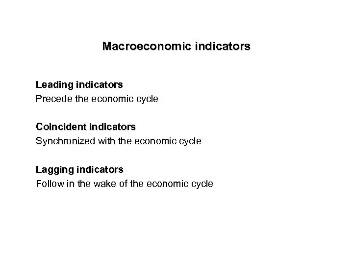 Macroeconomic indicators Leading indicators Precede the economic cycle Coincident indicators Synchronized with the economic