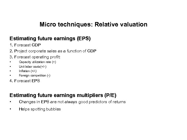 Micro techniques: Relative valuation Estimating future earnings (EPS) 1. Forecast GDP 2. Project corporate