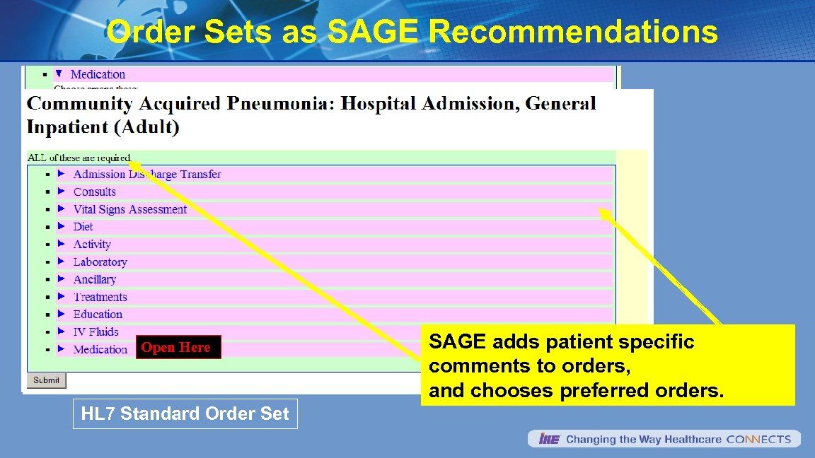 Order Sets as SAGE Recommendations Open Here HL 7 Standard Order Set SAGE adds