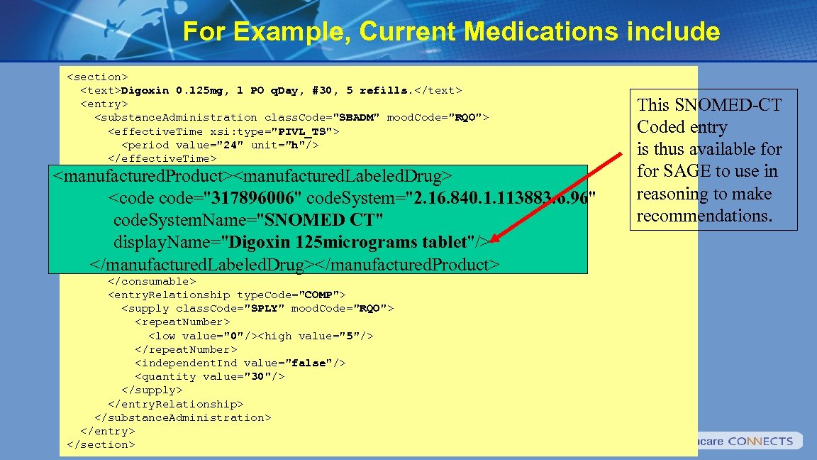 For Example, Current Medications include <section> <text>Digoxin 0. 125 mg, 1 PO q. Day,