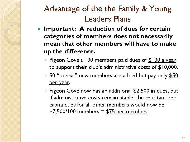 Advantage of the Family & Young Leaders Plans Important: A reduction of dues for