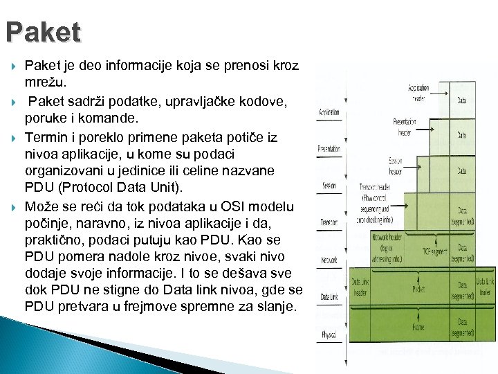 Paket Paket je deo informacije koja se prenosi kroz mrežu. Paket sadrži podatke, upravljačke