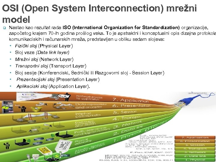 OSI (Open System Interconnection) mrežni model q Nastao kao rezultat rada ISO (International Organization