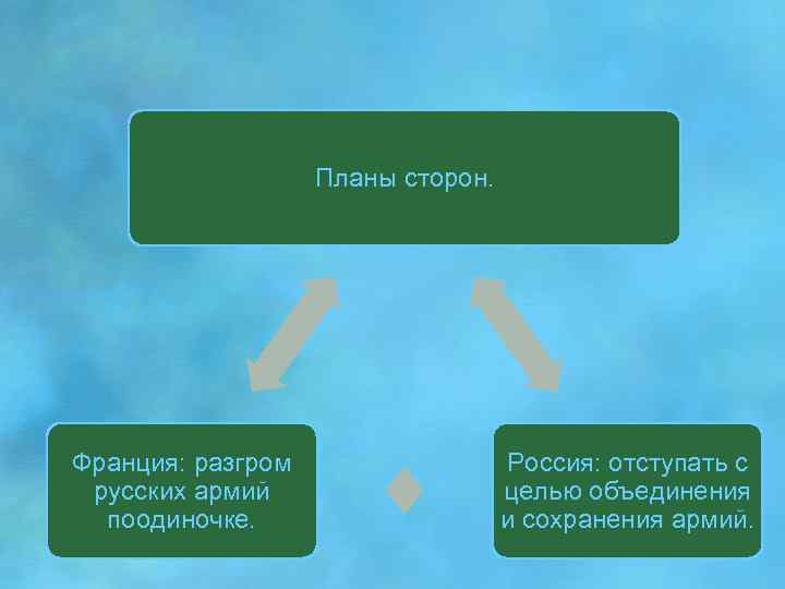 Планы сторон. Франция: разгром русских армий поодиночке. Россия: отступать с целью объединения и сохранения