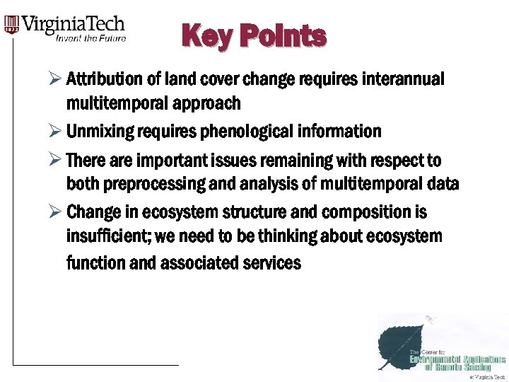Key Points Ø Attribution of land cover change requires interannual multitemporal approach Ø Unmixing