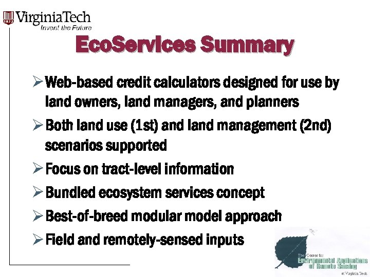 Eco. Services Summary Ø Web-based credit calculators designed for use by land owners, land