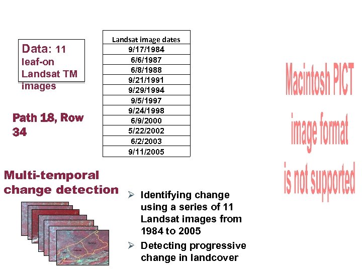 Data: 11 leaf-on Landsat TM images Path 18, Row 34 Landsat image dates 9/17/1984