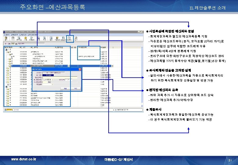 주요화면 –예산과목등록 II. 제안솔루션 소개 사업특성에 적합한 예산과목 운영 - 회계계정과목과 별도의 예산과목등록 지원