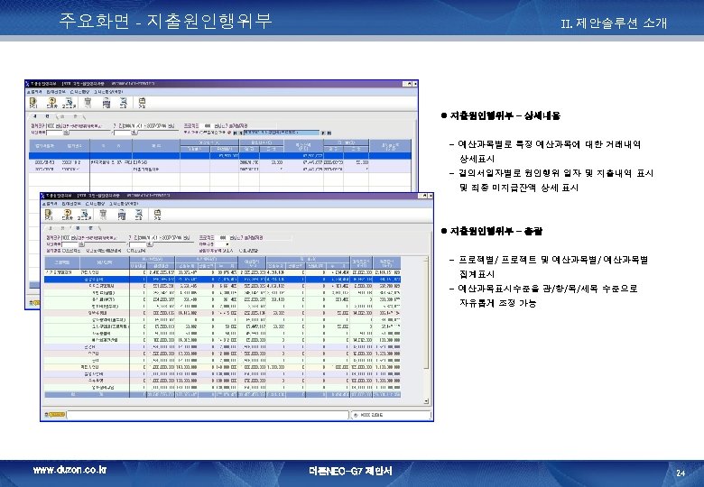 주요화면 - 지출원인행위부 II. 제안솔루션 소개 지출원인행위부 – 상세내용 - 예산과목별로 특정 예산과목에 대한