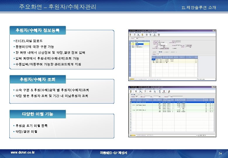 주요화면 – 후원자/수혜자관리 II. 제안솔루션 소개 후원자/수혜자 정보등록 • EXCEL파일 업로드 • 동명이인에 대한