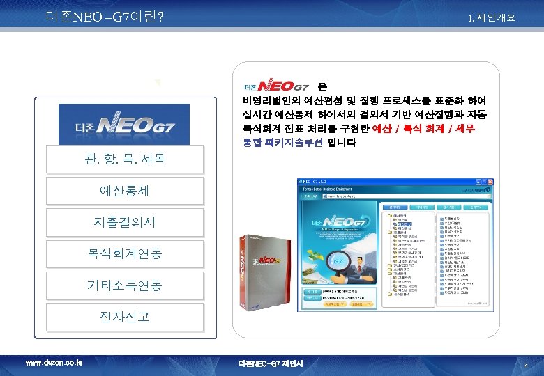 더존NEO –G 7이란? I. 제안개요 은 비영리법인의 예산편성 및 집행 프로세스를 표준화 하여 실시간