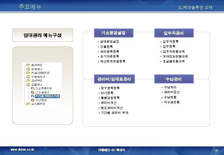 주요메뉴 II. 제안솔루션 소개 기초환경설정 임대관리 메뉴구성 § § § 임대환경설정 건물등록 관리항목등록 초기자료등록