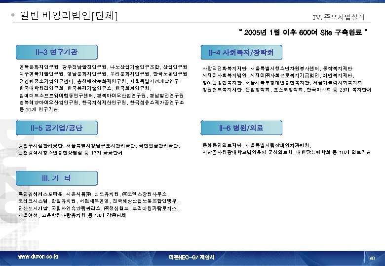 일반 비영리법인[단체] IV. 주요사업실적 “ 2005년 1월 이후 600여 Site 구축완료 ” II-3 연구기관