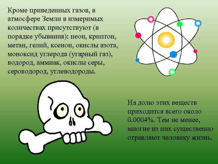 Кроме приведенных газов, в атмосфере Земли в измеримых количествах присутствуют (в порядке убывания): неон,